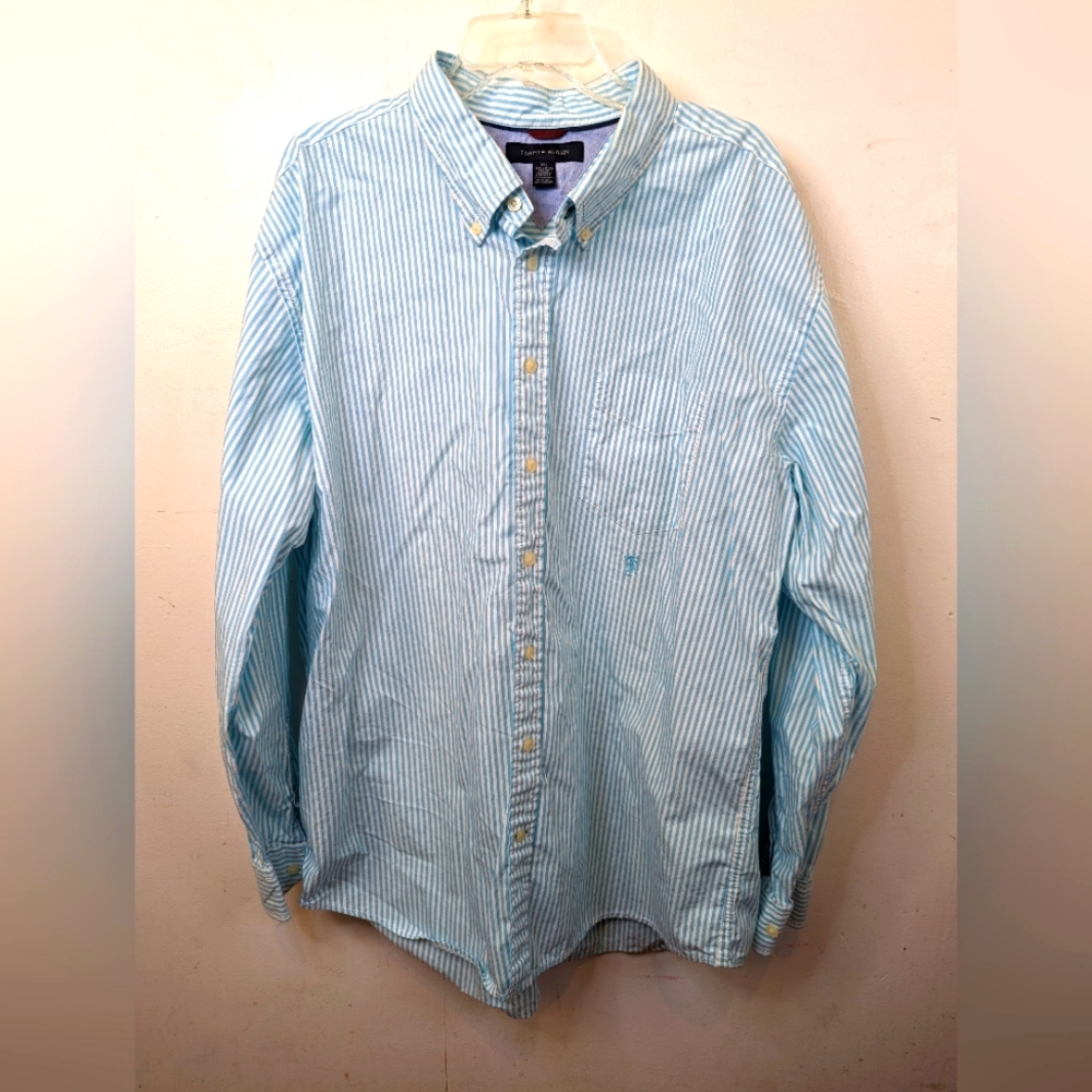 Tommy Hilfiger Button Down Shirt Men's Size 2XL Light Blue & White PInstripe LS